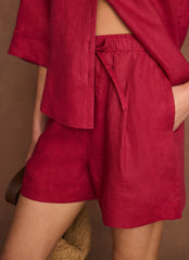 Red Linen Drawstring Shorts