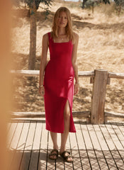 Red Linen Midi Dress