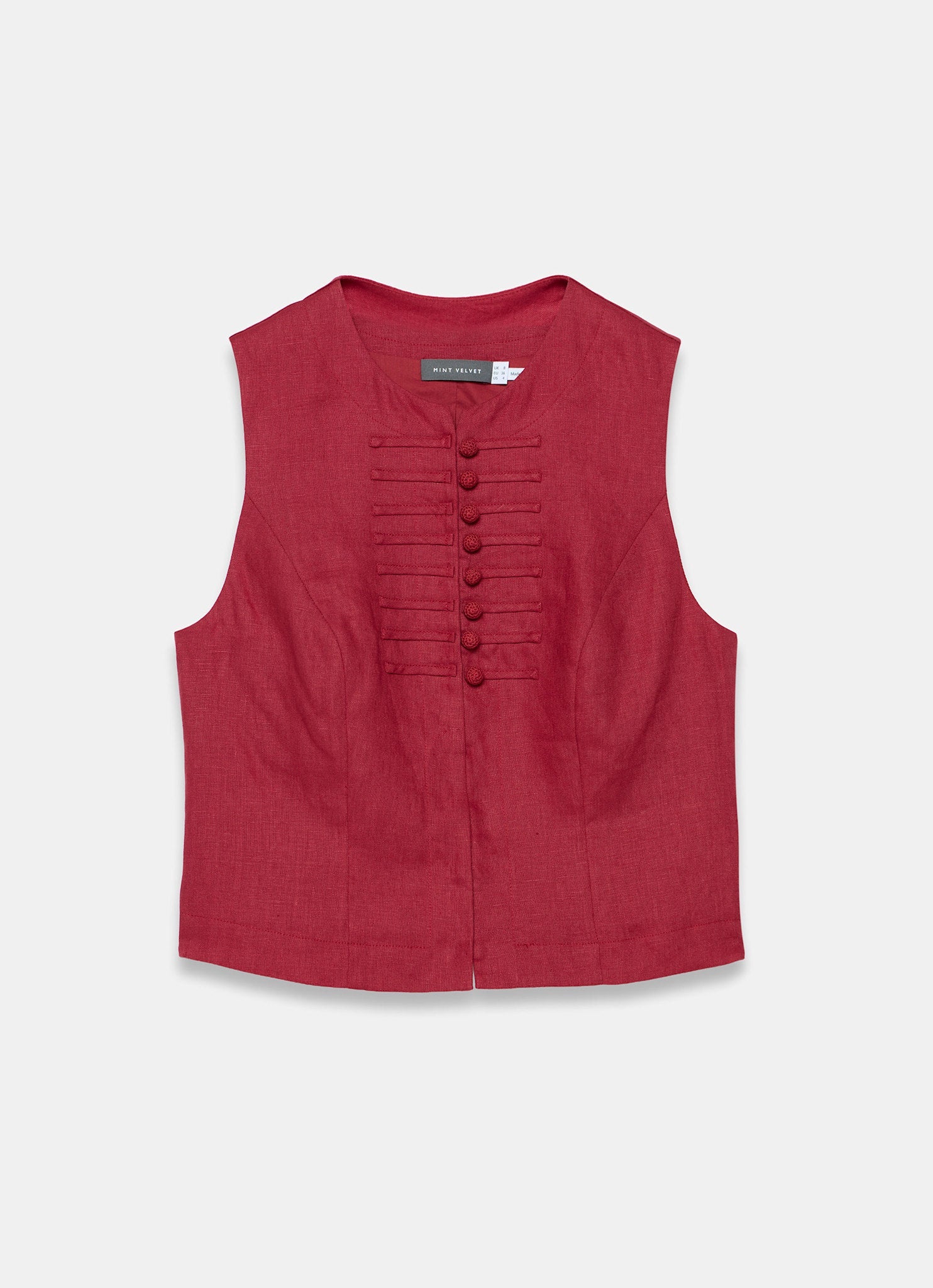 Red Linen Military Trim Top