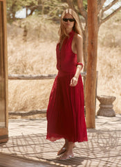 Red Drop Waist Crinkle Midi Skirt