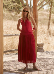 Red Drop Waist Crinkle Midi Skirt