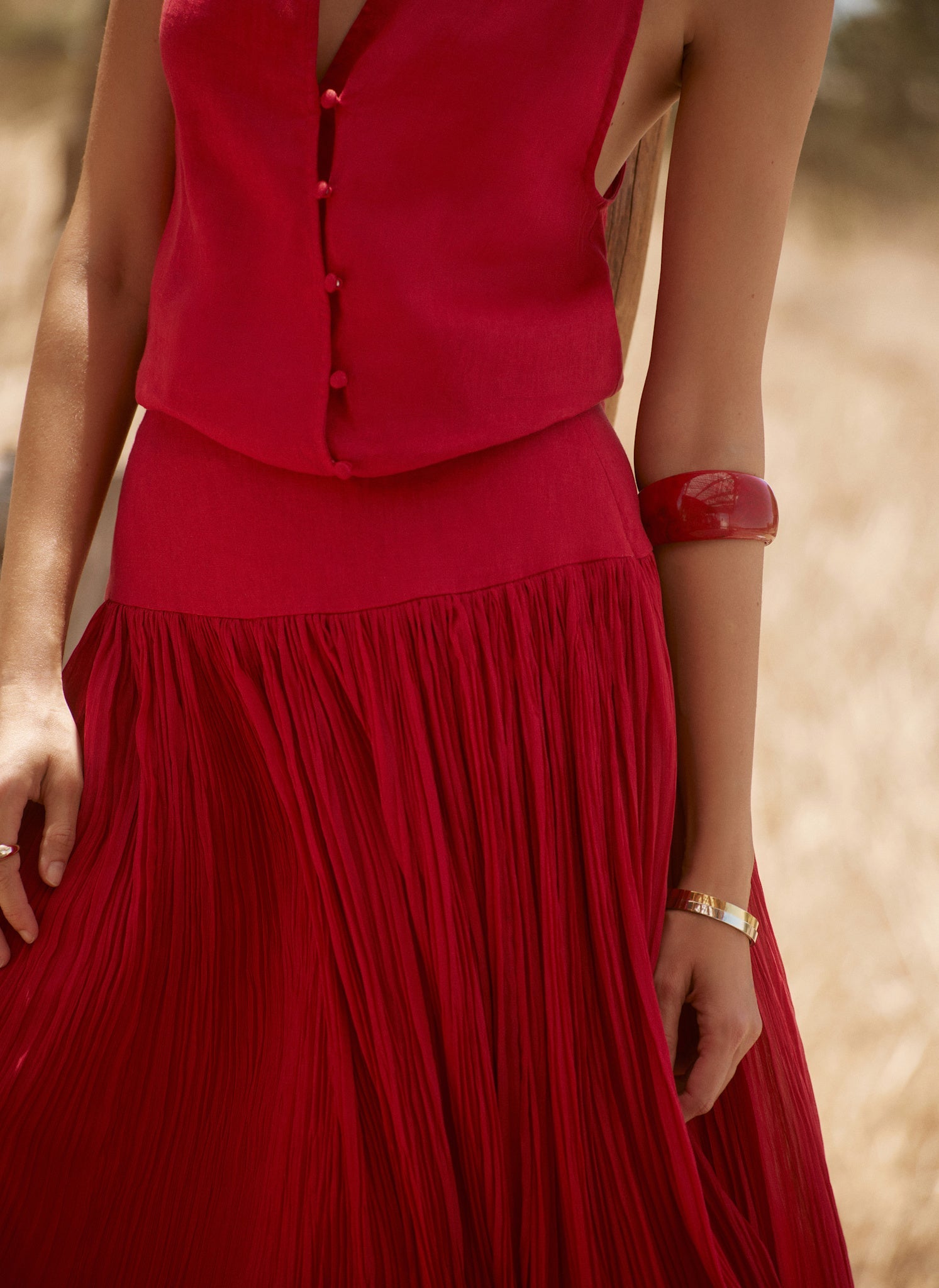 Red Drop Waist Crinkle Midi Skirt
