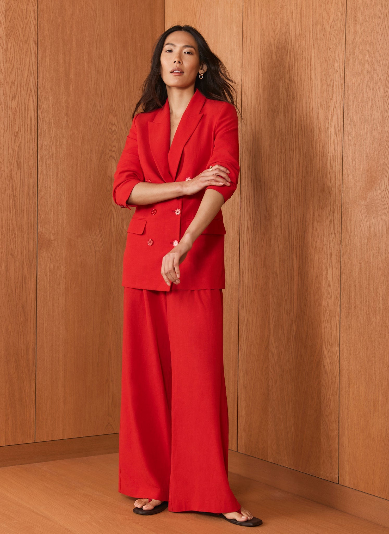 Red Pleated Wide Leg Trousers