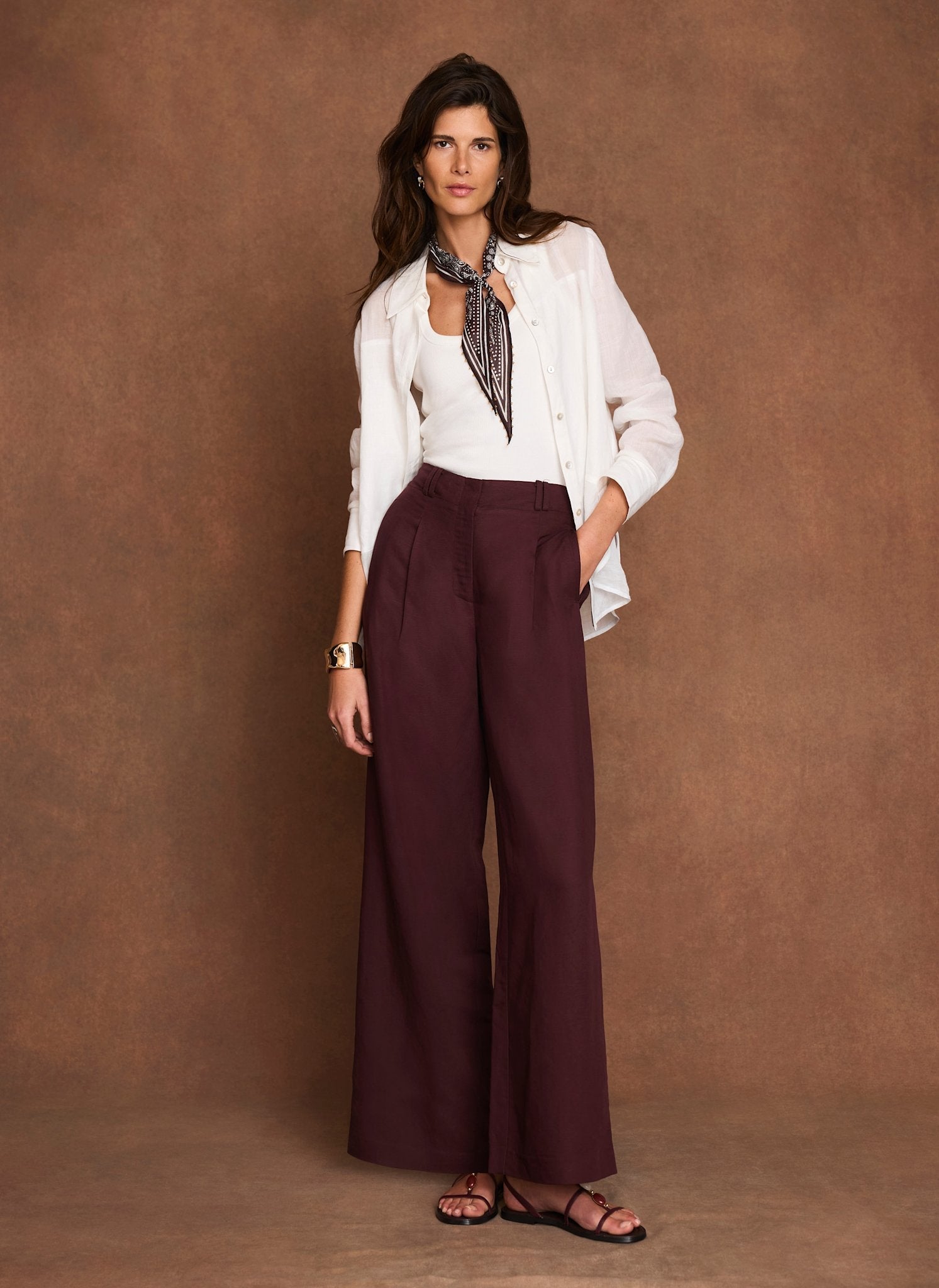 Burgundy Linen Blend Wide Leg Trousers