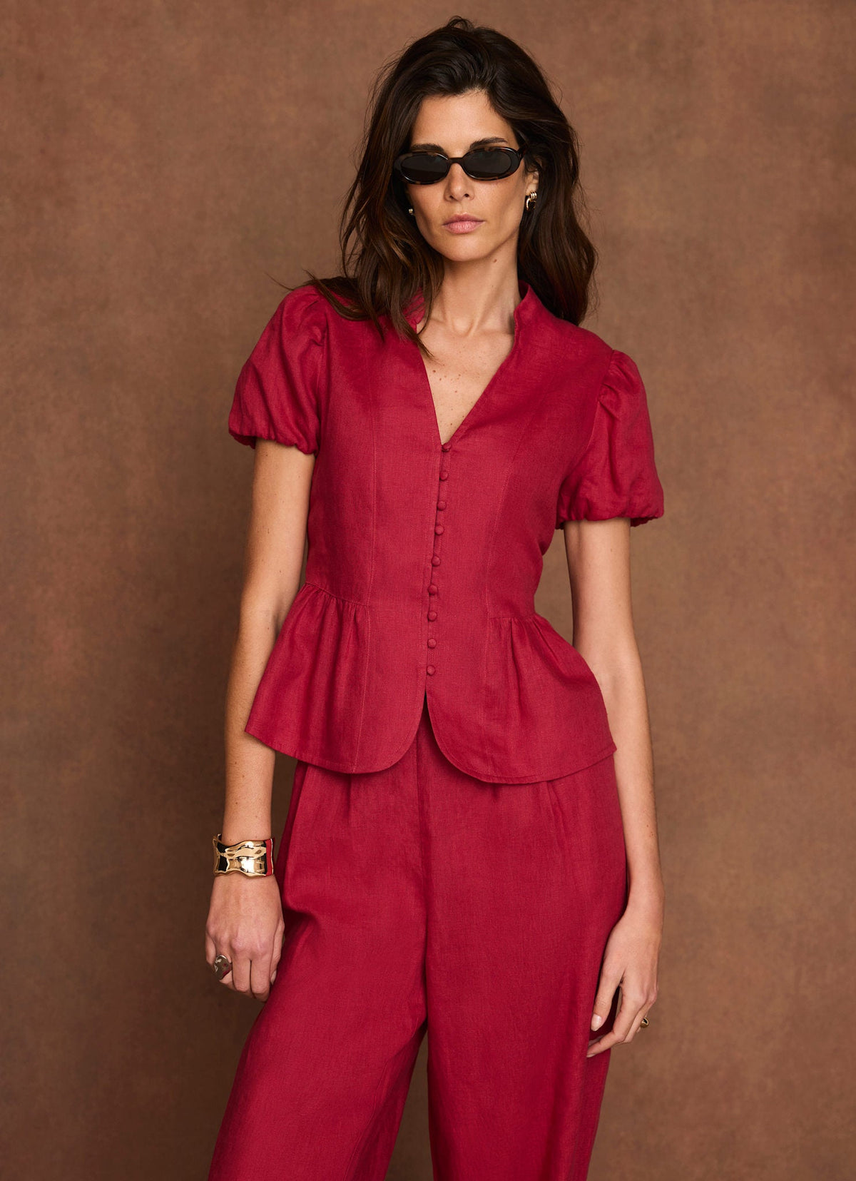 Red Linen Peplum Top