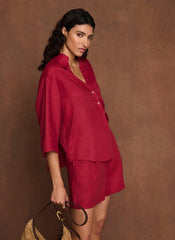 Red Linen Short Sleeve Resort Shirt