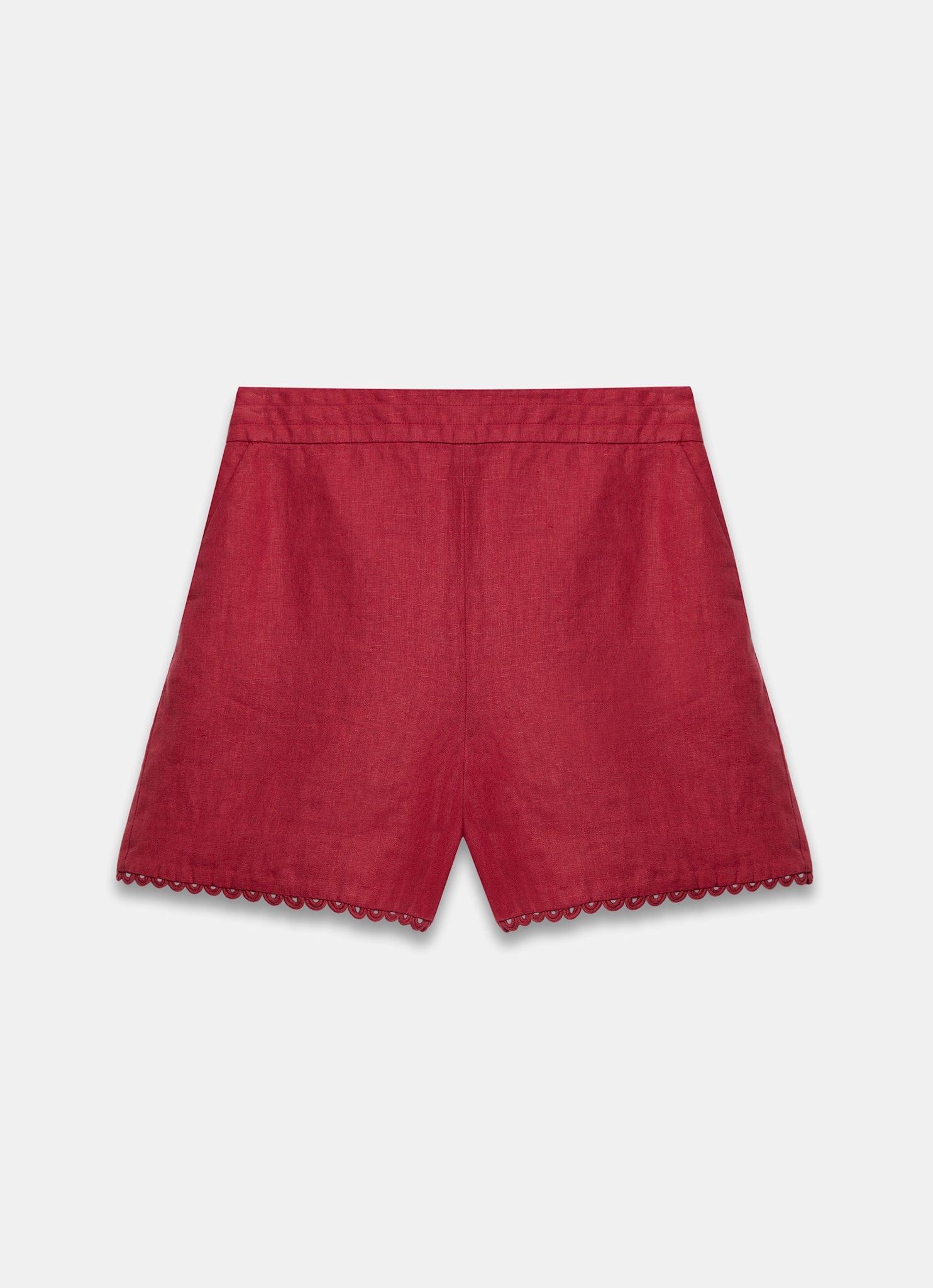 Red Linen Scallop Hem Shorts