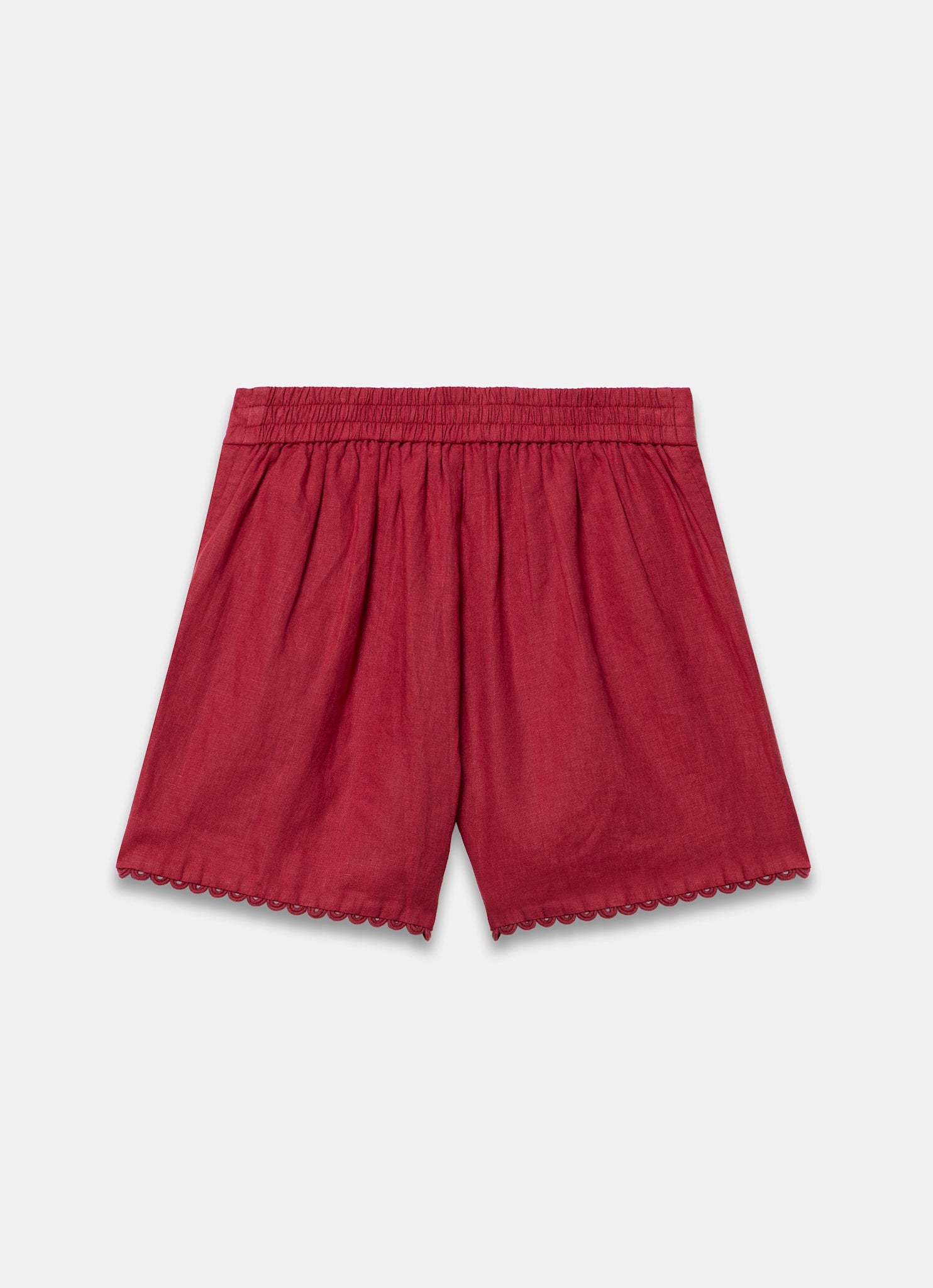 Red Linen Scallop Hem Shorts
