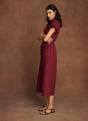 Burgundy Linen Midi Shirt Dress