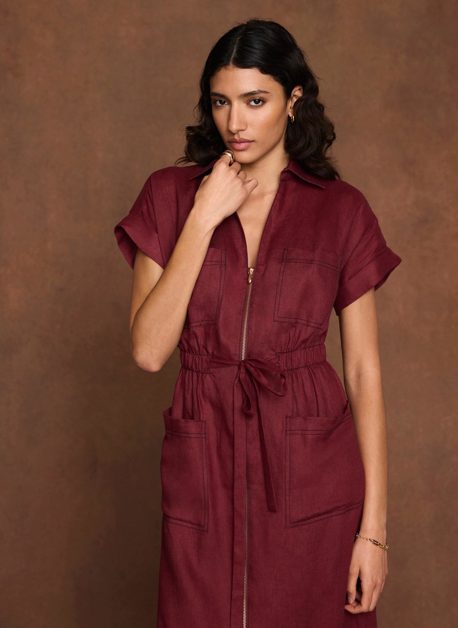 Burgundy Linen Midi Shirt Dress