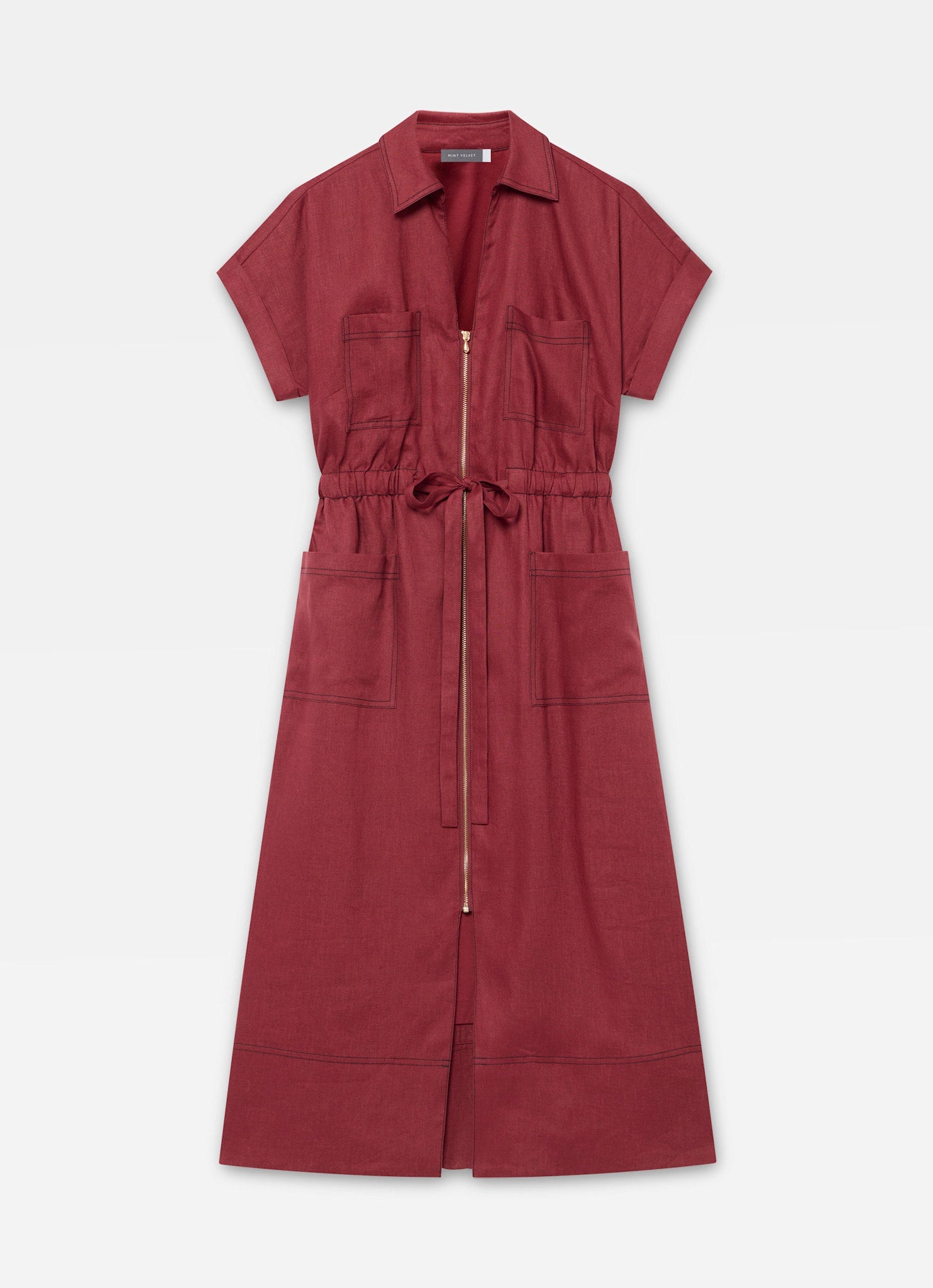 Burgundy Linen Midi Shirt Dress