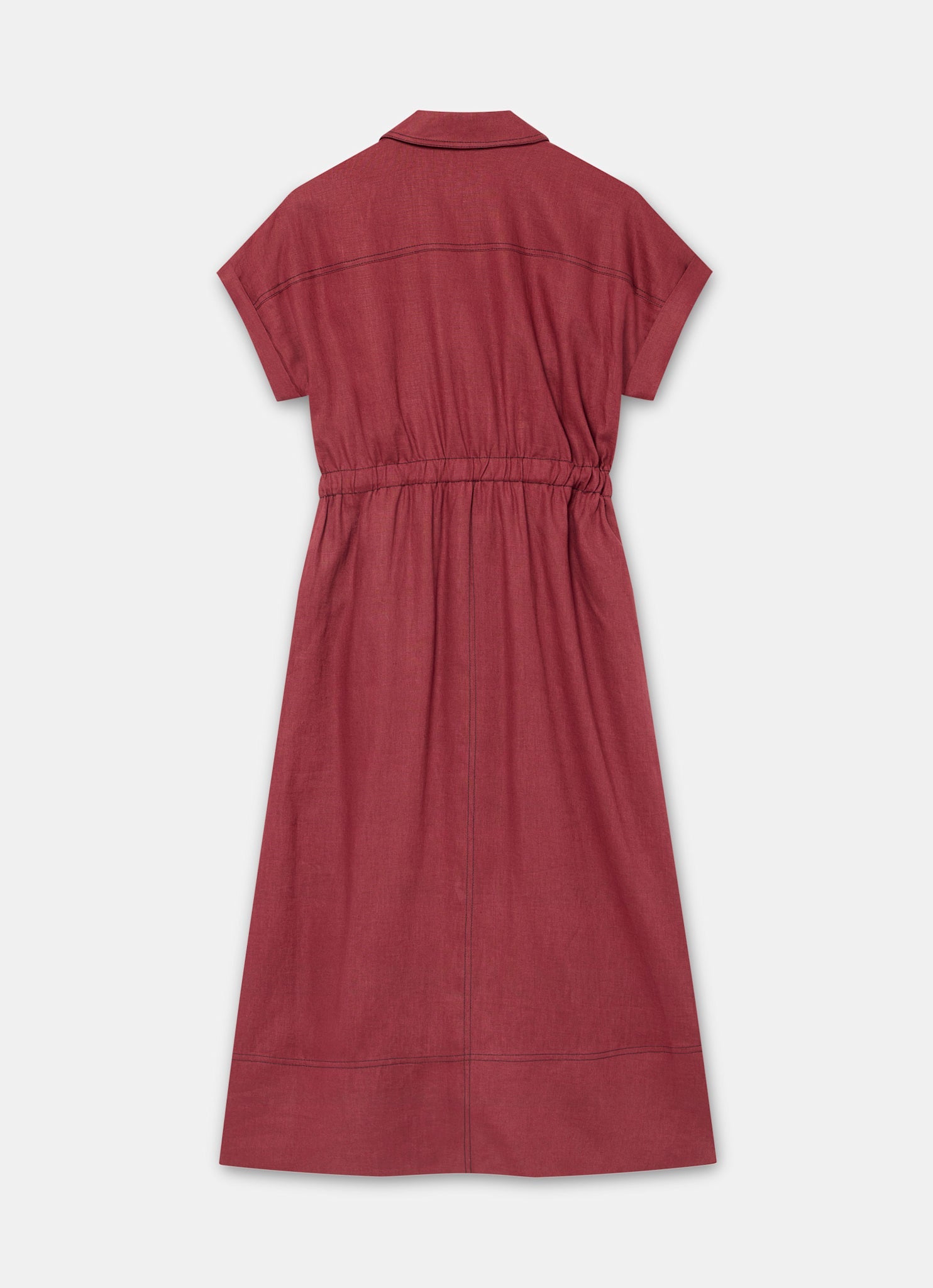Burgundy Linen Midi Shirt Dress