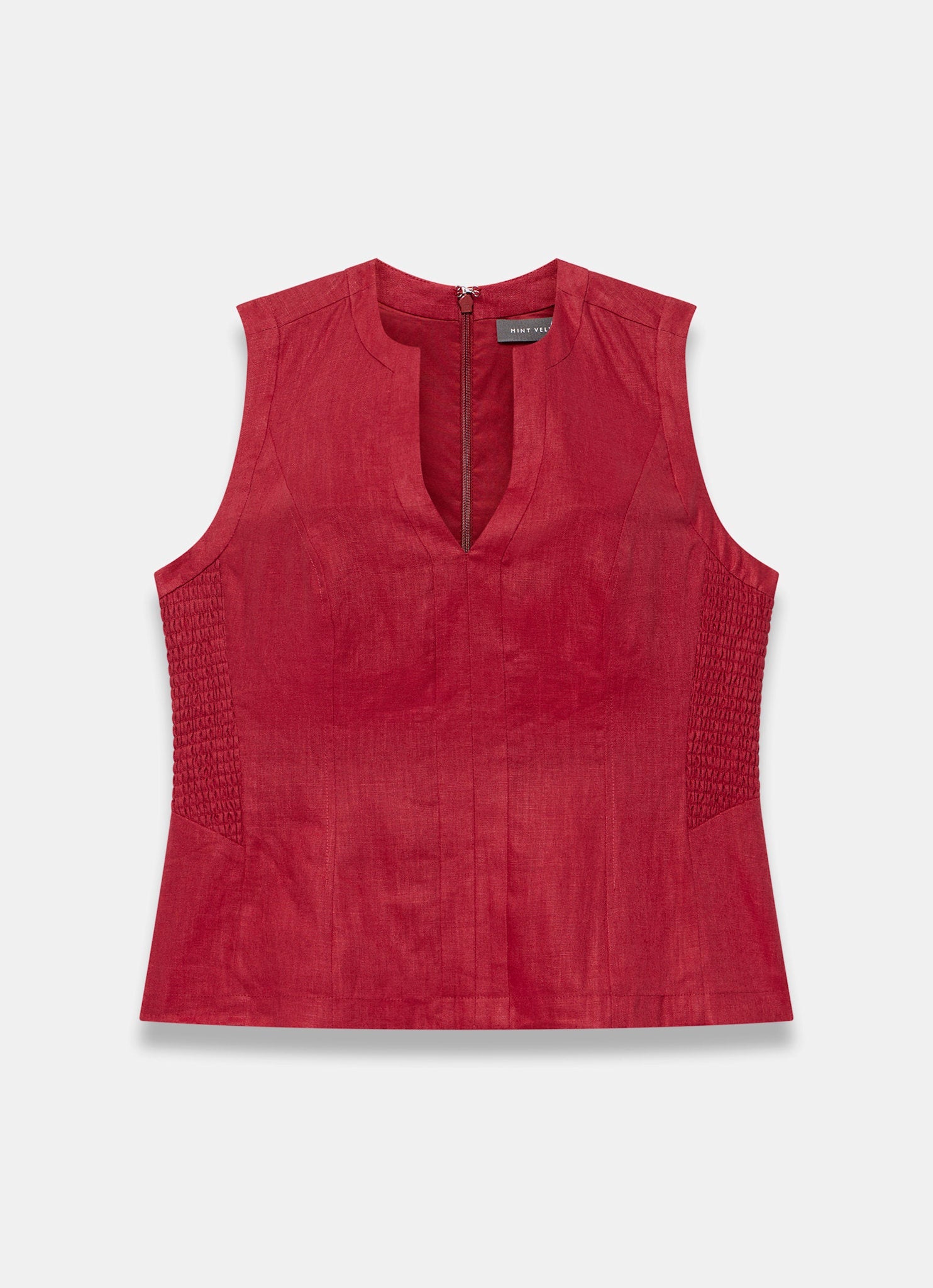 Red Linen Shirred Top