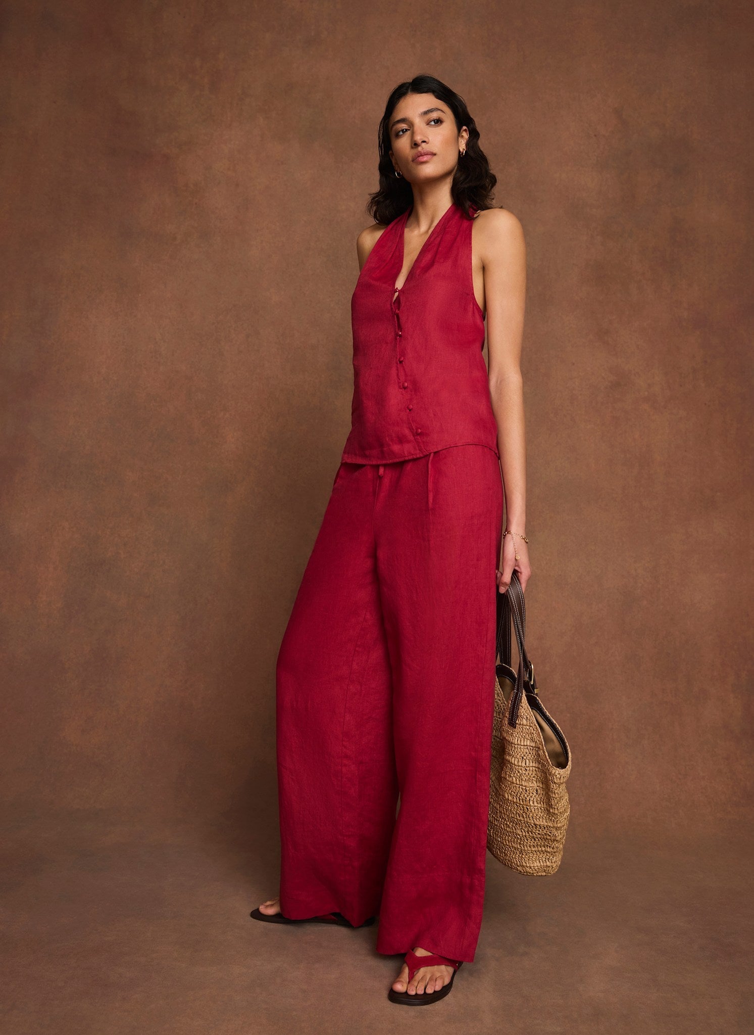 Red Linen Drawstring Wide Leg Trousers