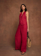 Red Linen Drawstring Wide Leg Trousers