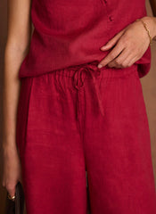 Red Linen Drawstring Wide Leg Trousers