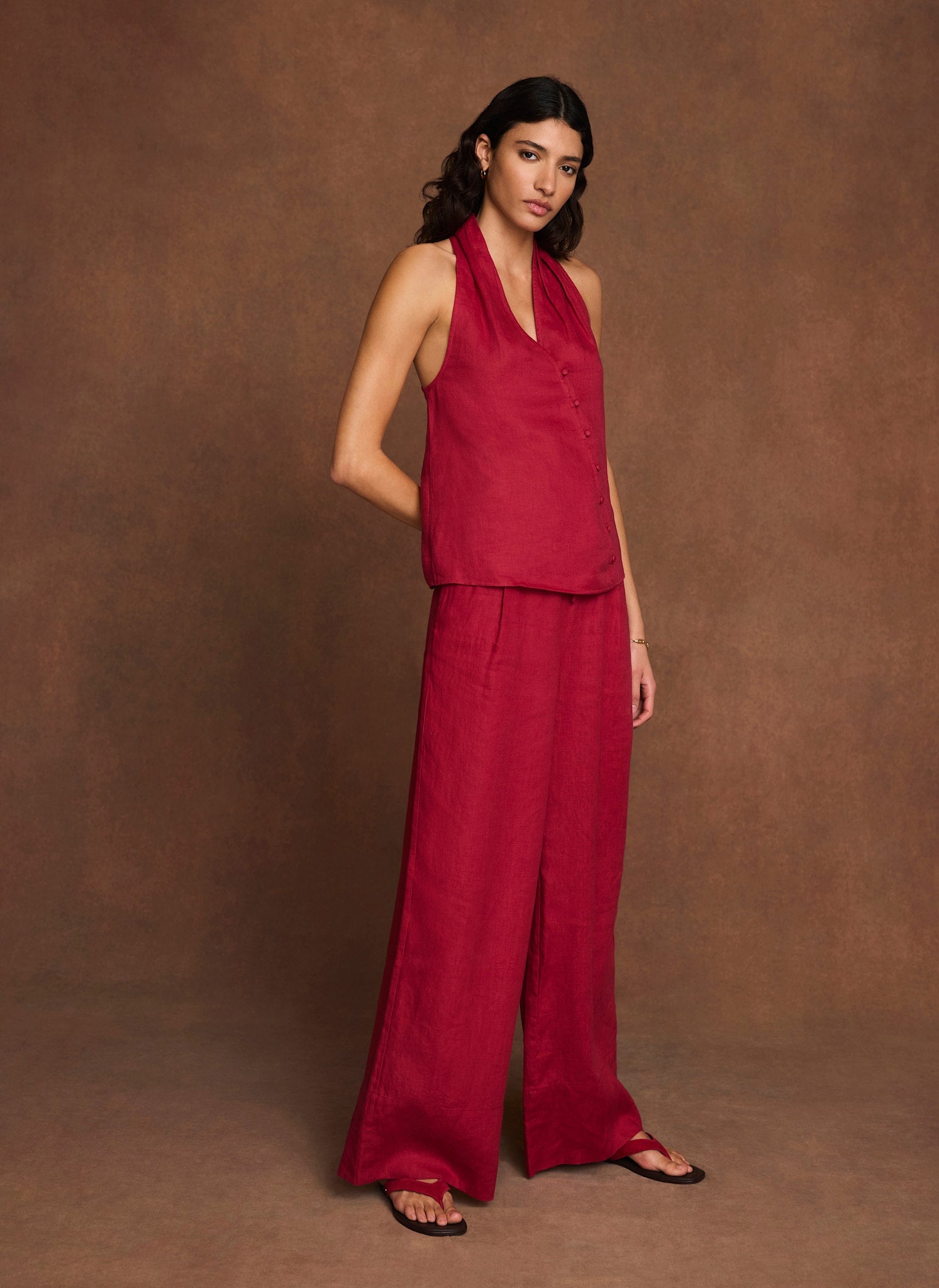 Red Linen Drawstring Wide Leg Trousers