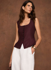 Burgundy Linen Blend Peplum Waistcoat