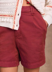 Red Cotton Blend Pleated Chino Shorts