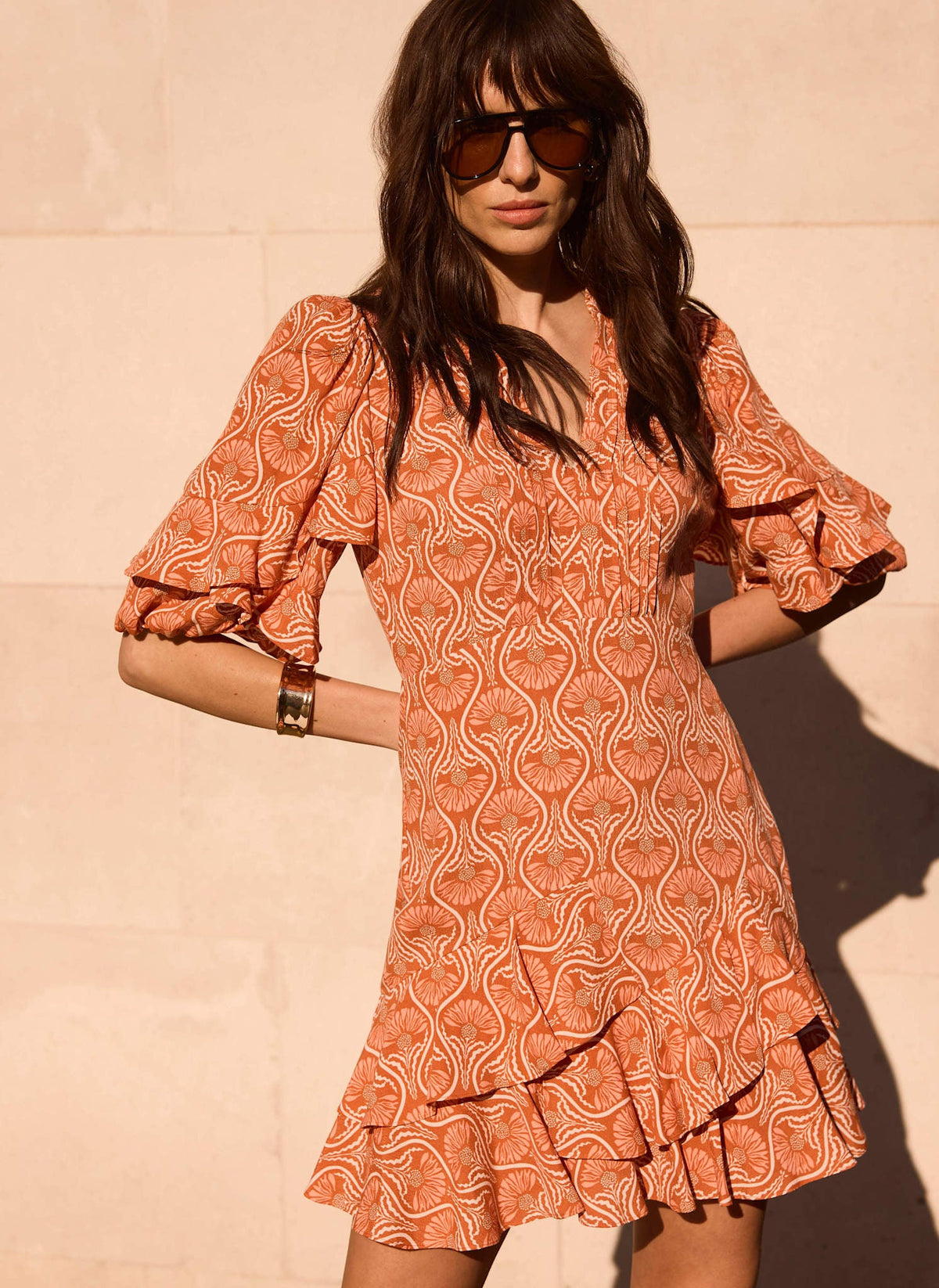Orange Printed Ruffle Mini Dress