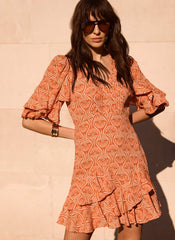 Orange Printed Ruffle Mini Dress