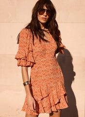 Orange Printed Ruffle Mini Dress