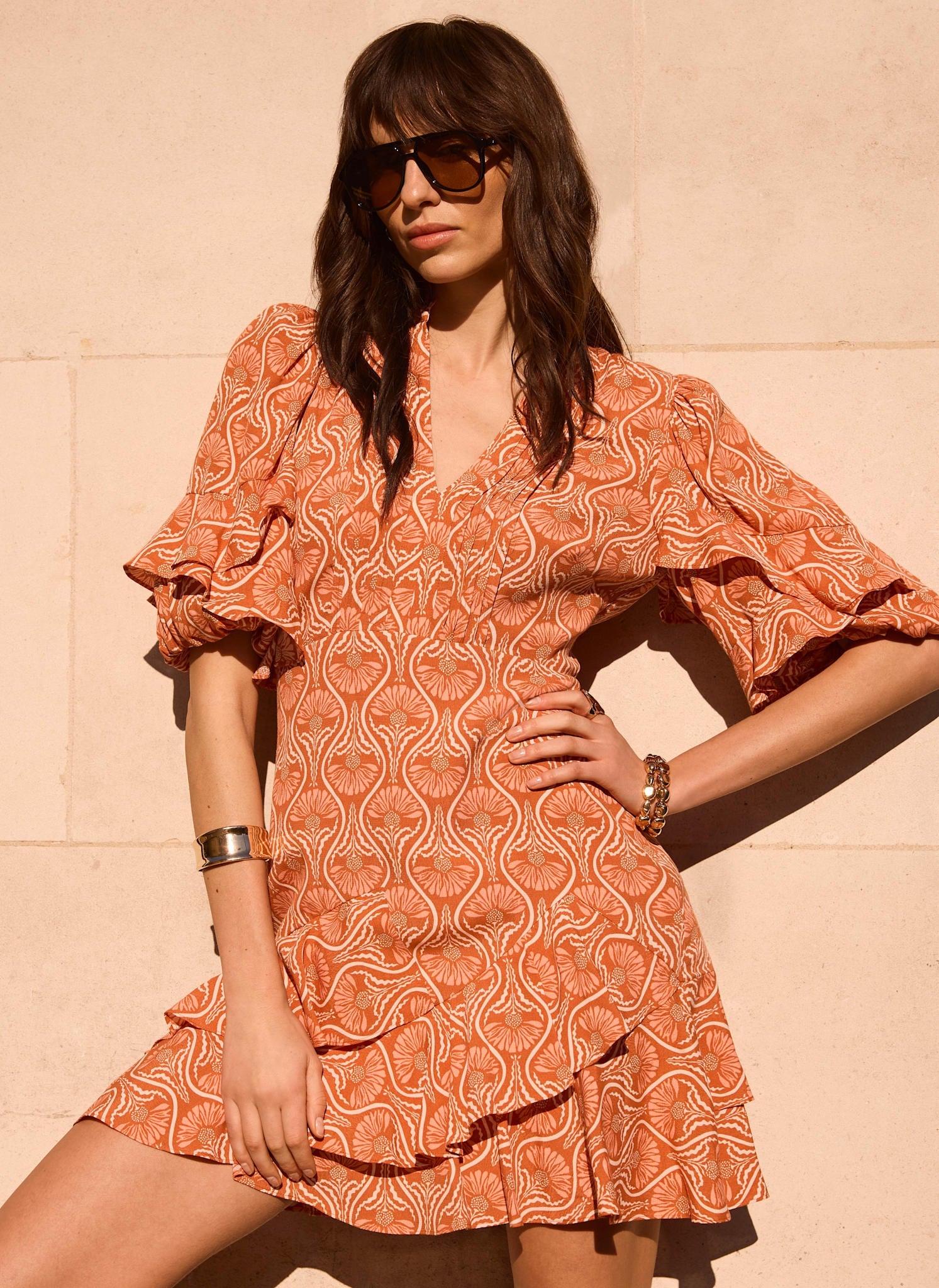 Orange Printed Ruffle Mini Dress