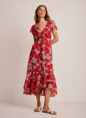 Red Floral Print Ruffle Midi Dress