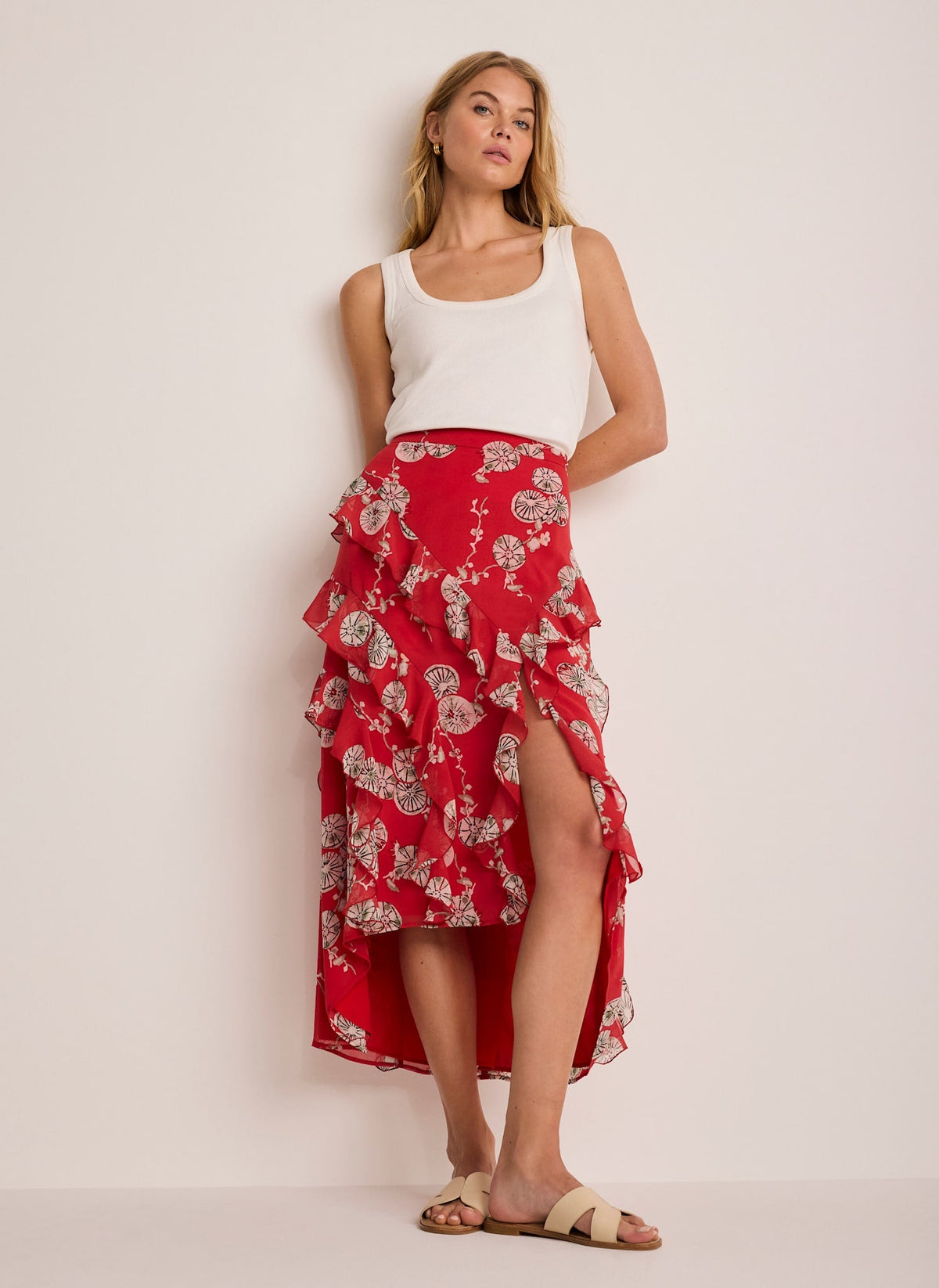 Red Printed Ruffle Maxi Skirt