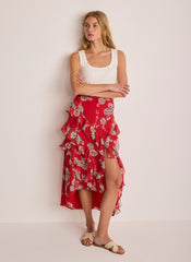 Red Printed Ruffle Maxi Skirt