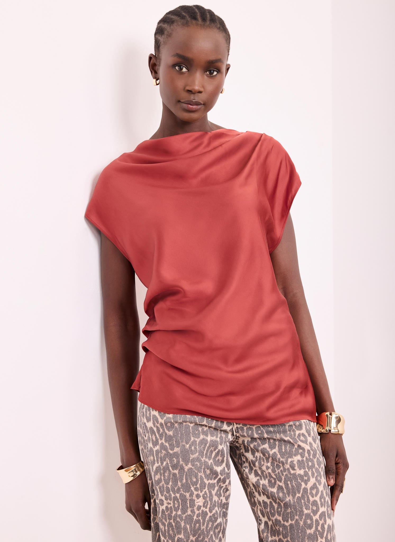 Red Satin Ruched Asymmetric Top