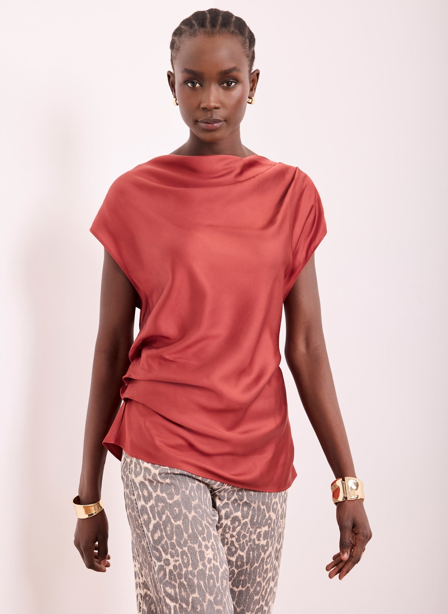 Red Satin Ruched Asymmetric Top