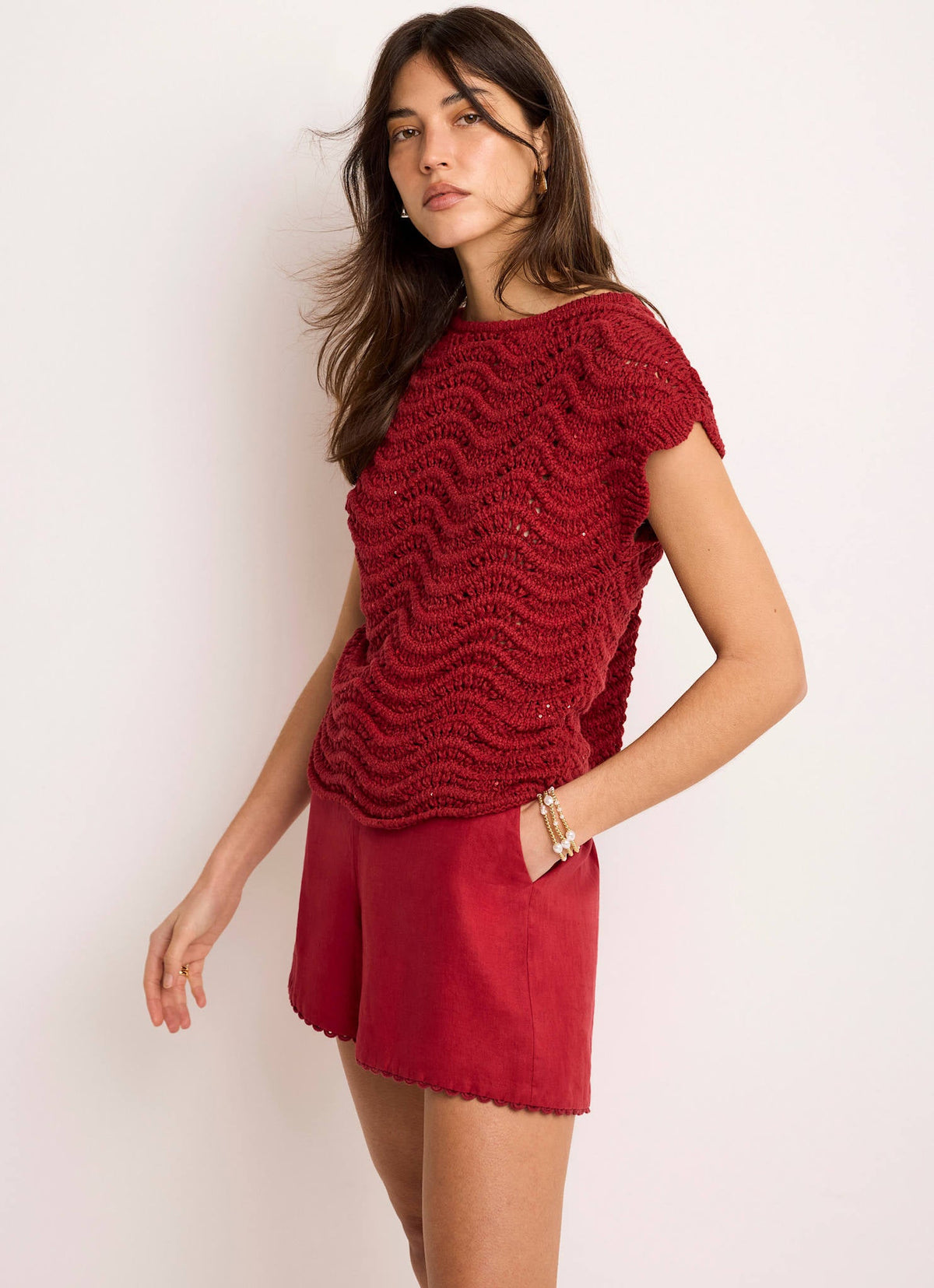 Red Embellished Crochet Knit Top