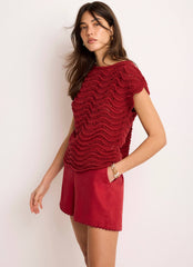 Red Embellished Crochet Knit Top