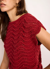 Red Embellished Crochet Knit Top