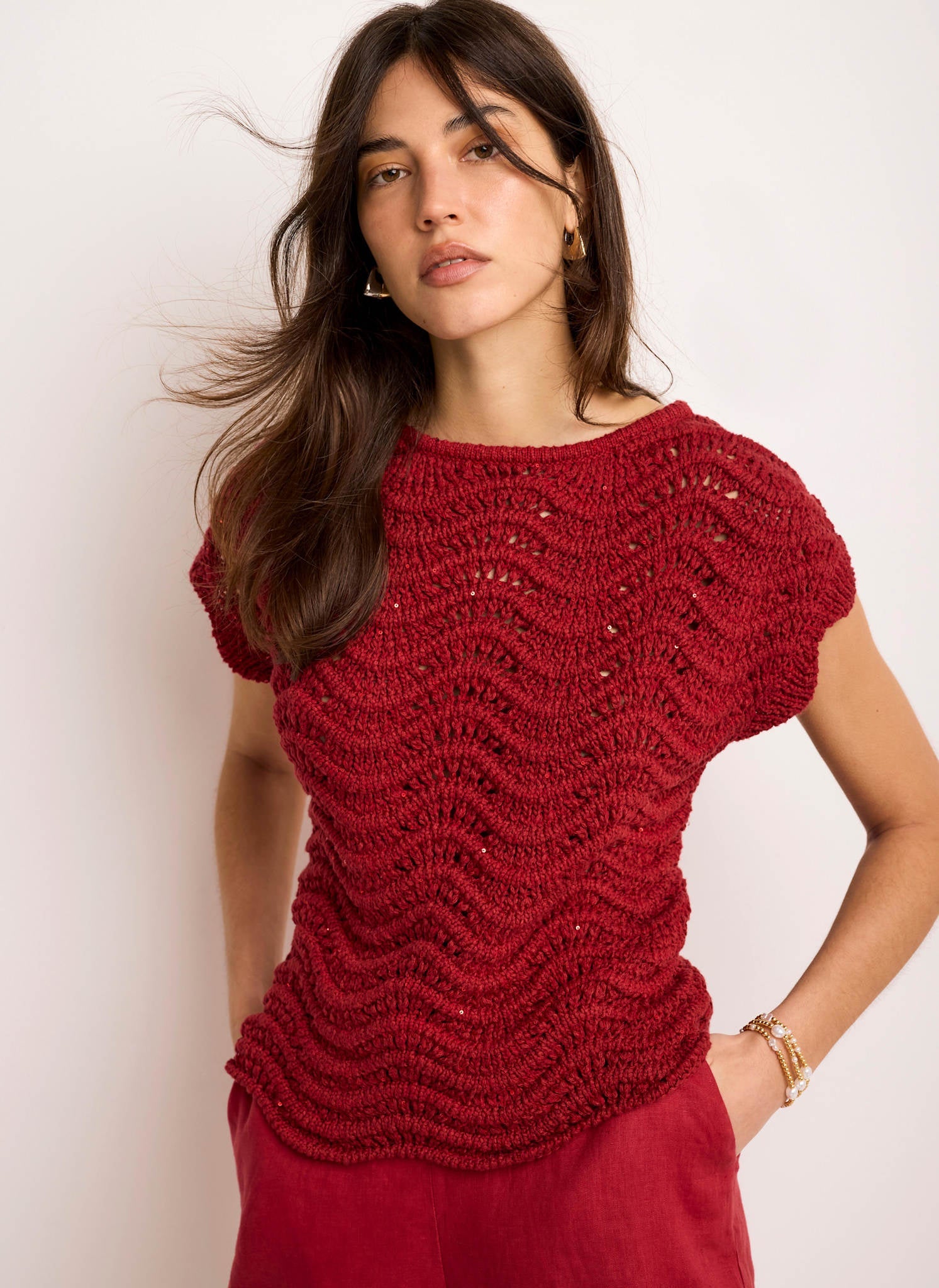 Red Embellished Crochet Knit Top