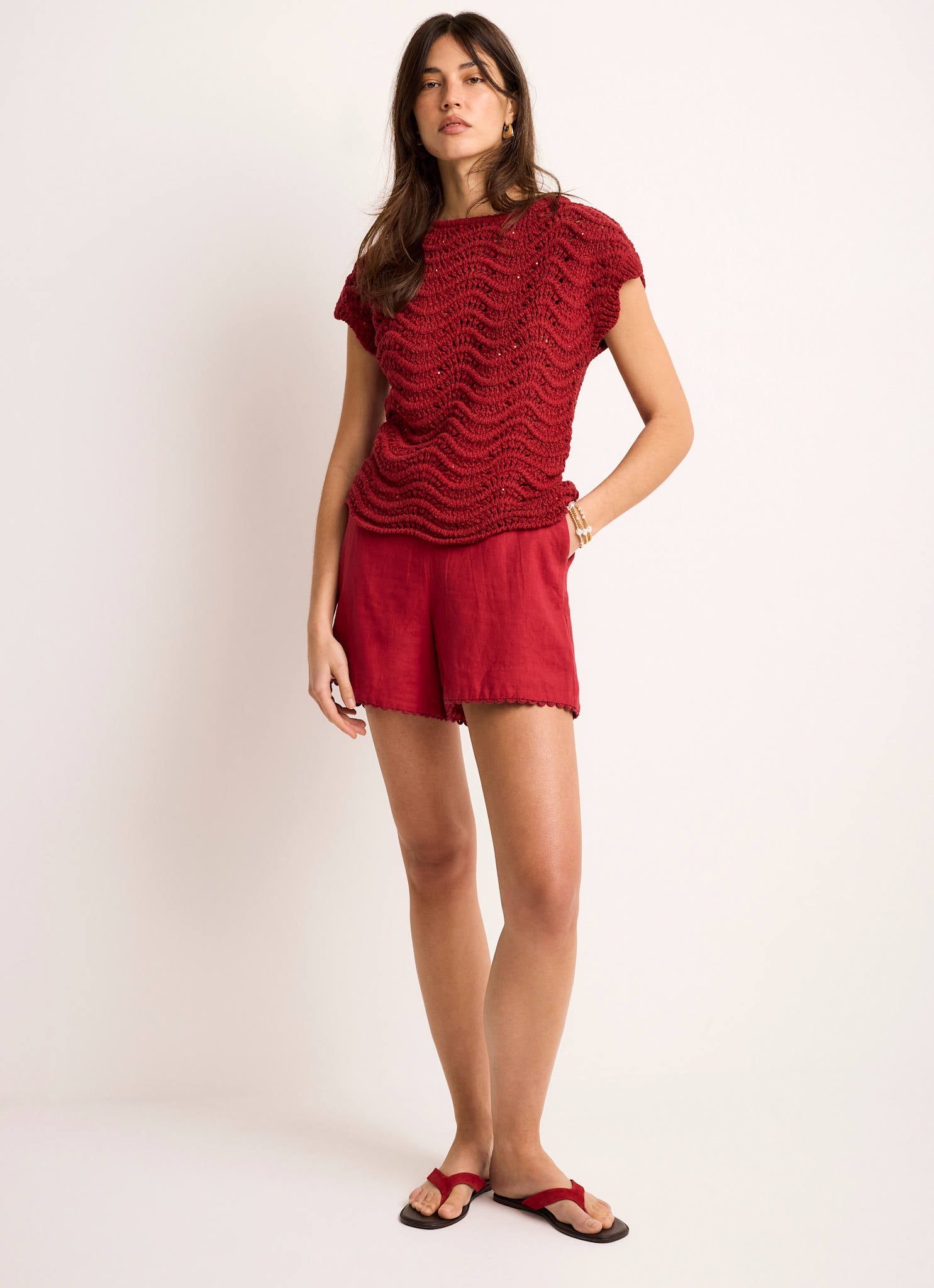 Red Embellished Crochet Knit Top