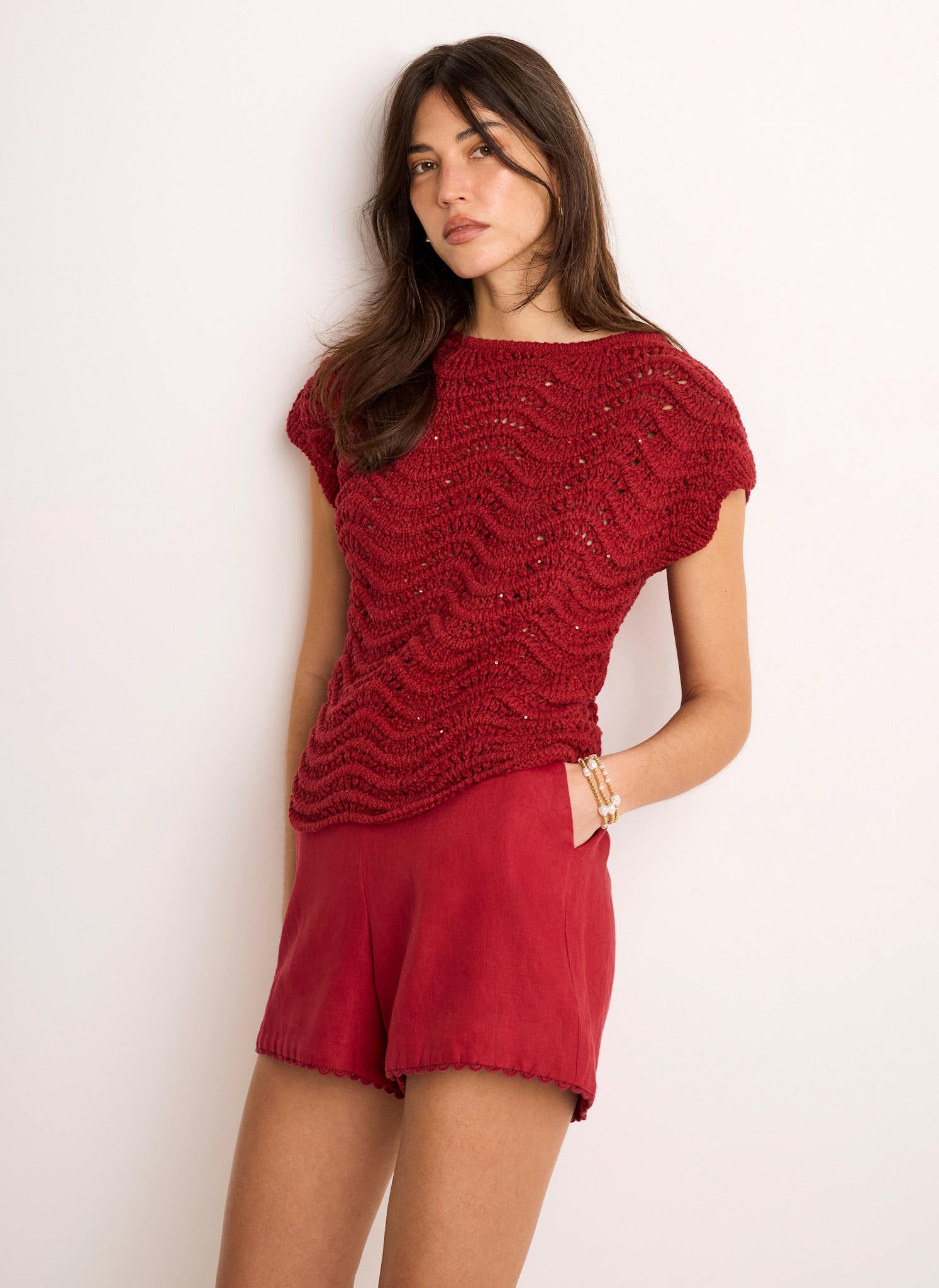 Red Embellished Crochet Knit Top