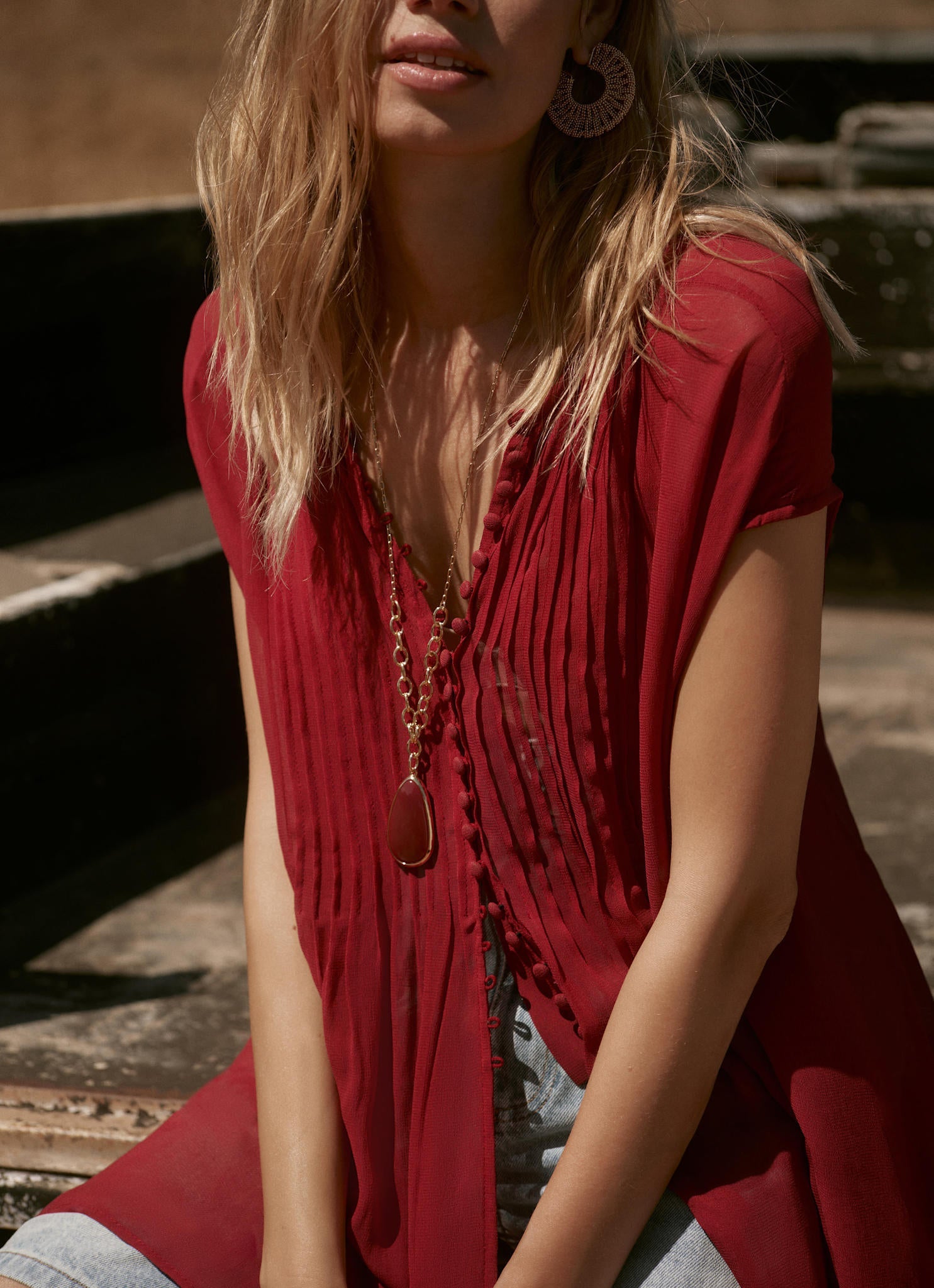 Gold Tone Red Stone Pendant Necklace