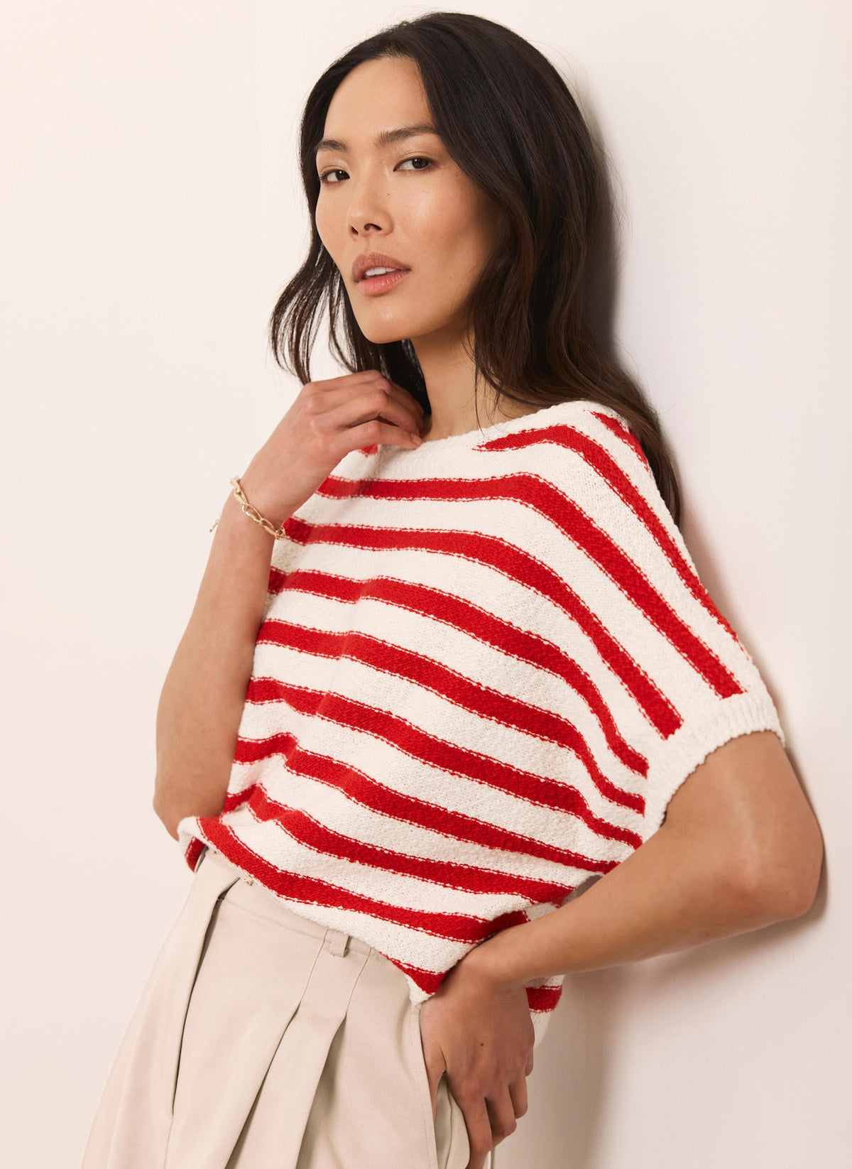 Red Striped Textured Knit Top