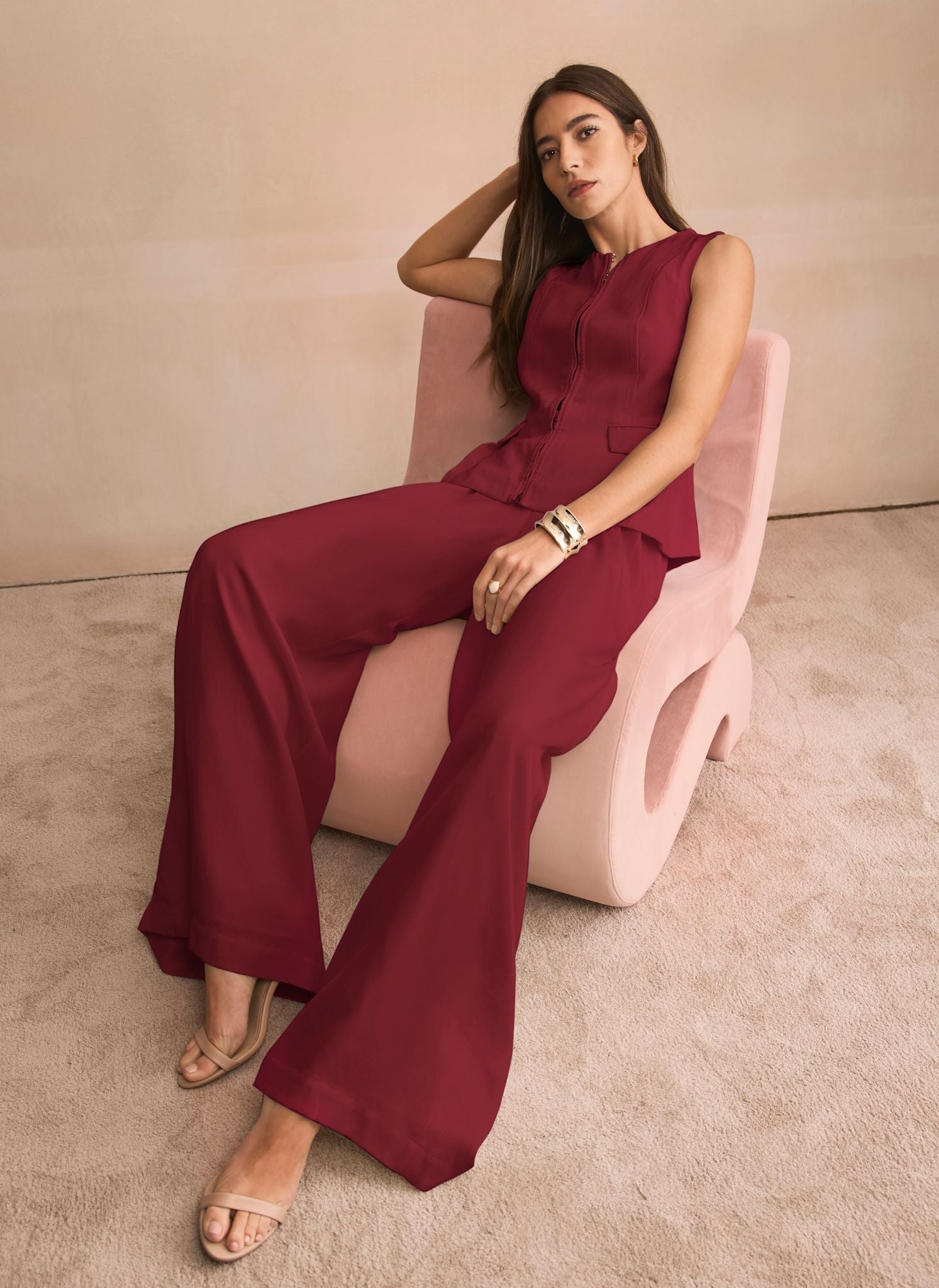Burgundy Darted Wide Leg Trousers