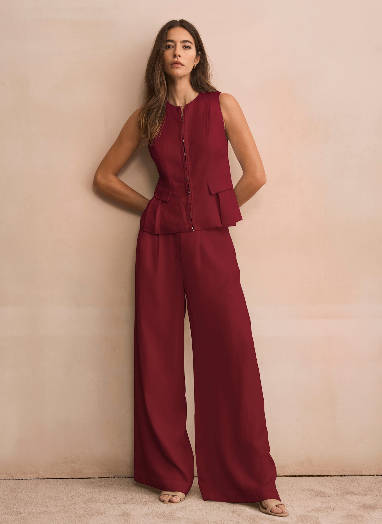 Burgundy Darted Wide Leg Trousers