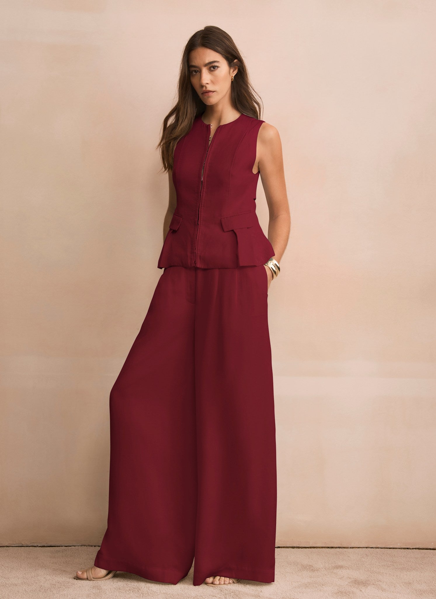 Burgundy Darted Wide Leg Trousers