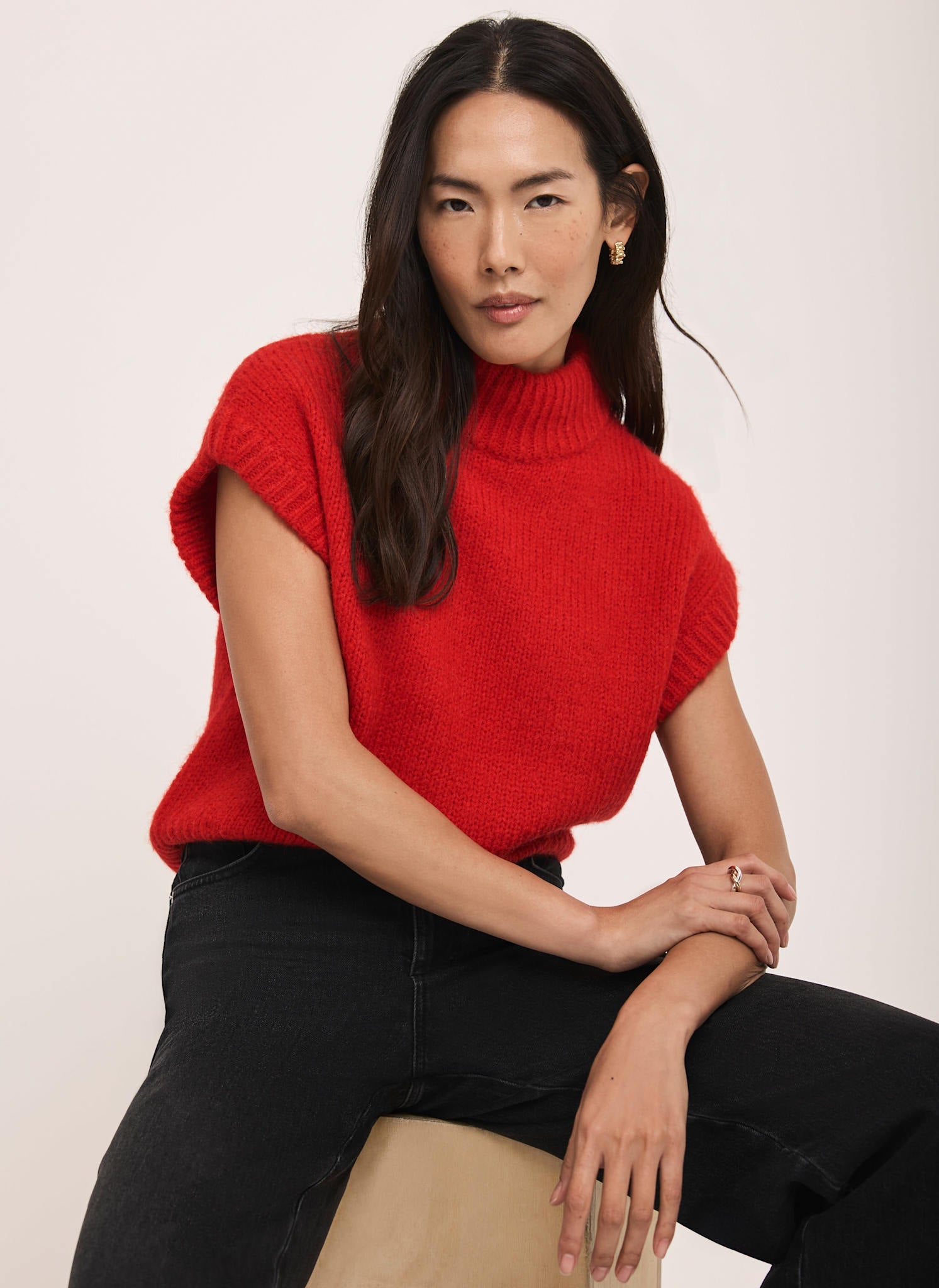 Red Wool Blend High Neck Knit Top