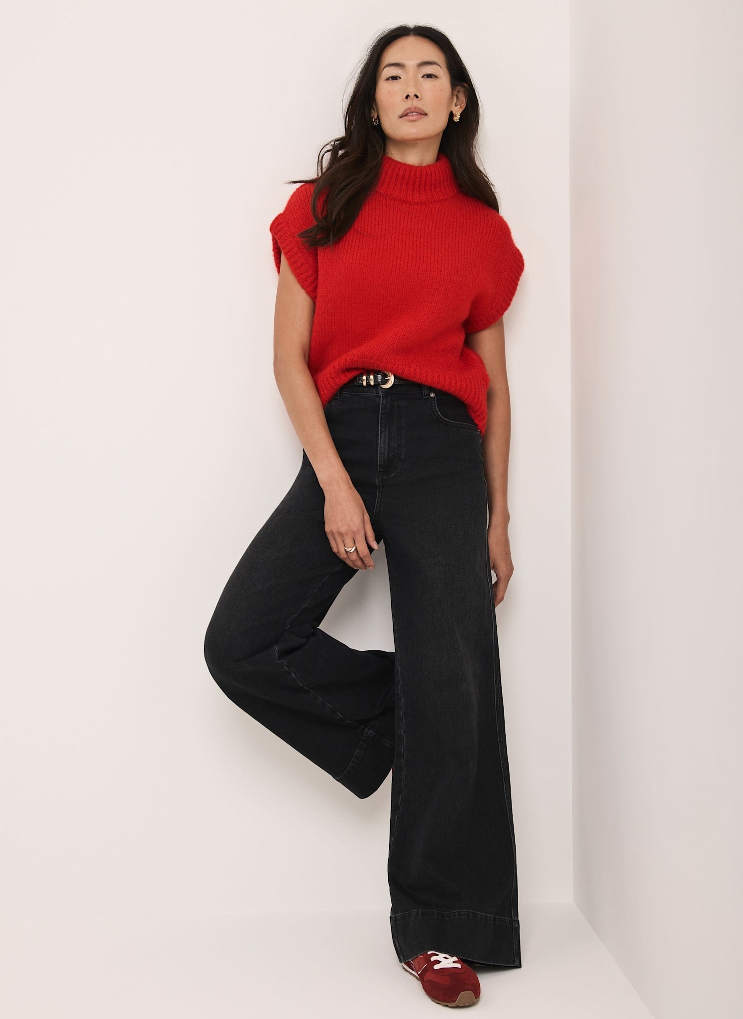 Red Wool Blend High Neck Knit Top