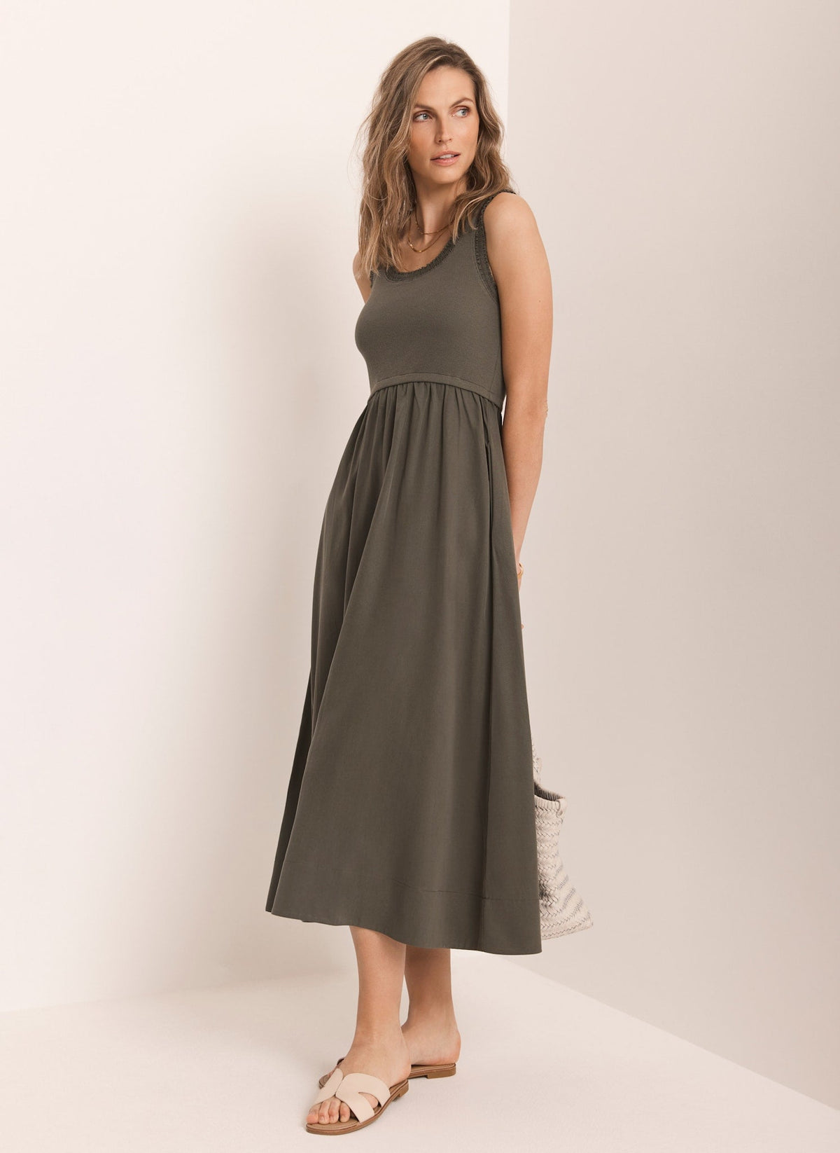 Khaki Ruched Trim Cotton Midi Dress