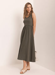 Khaki Ruched Trim Cotton Midi Dress