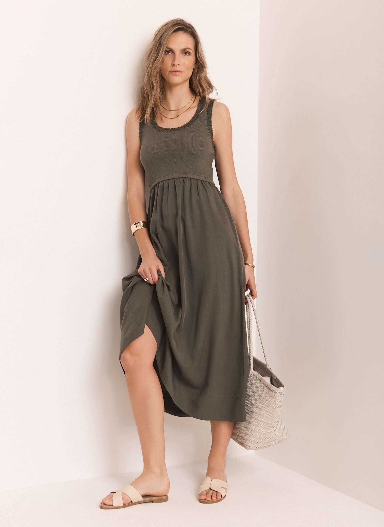 Khaki Ruched Trim Cotton Midi Dress