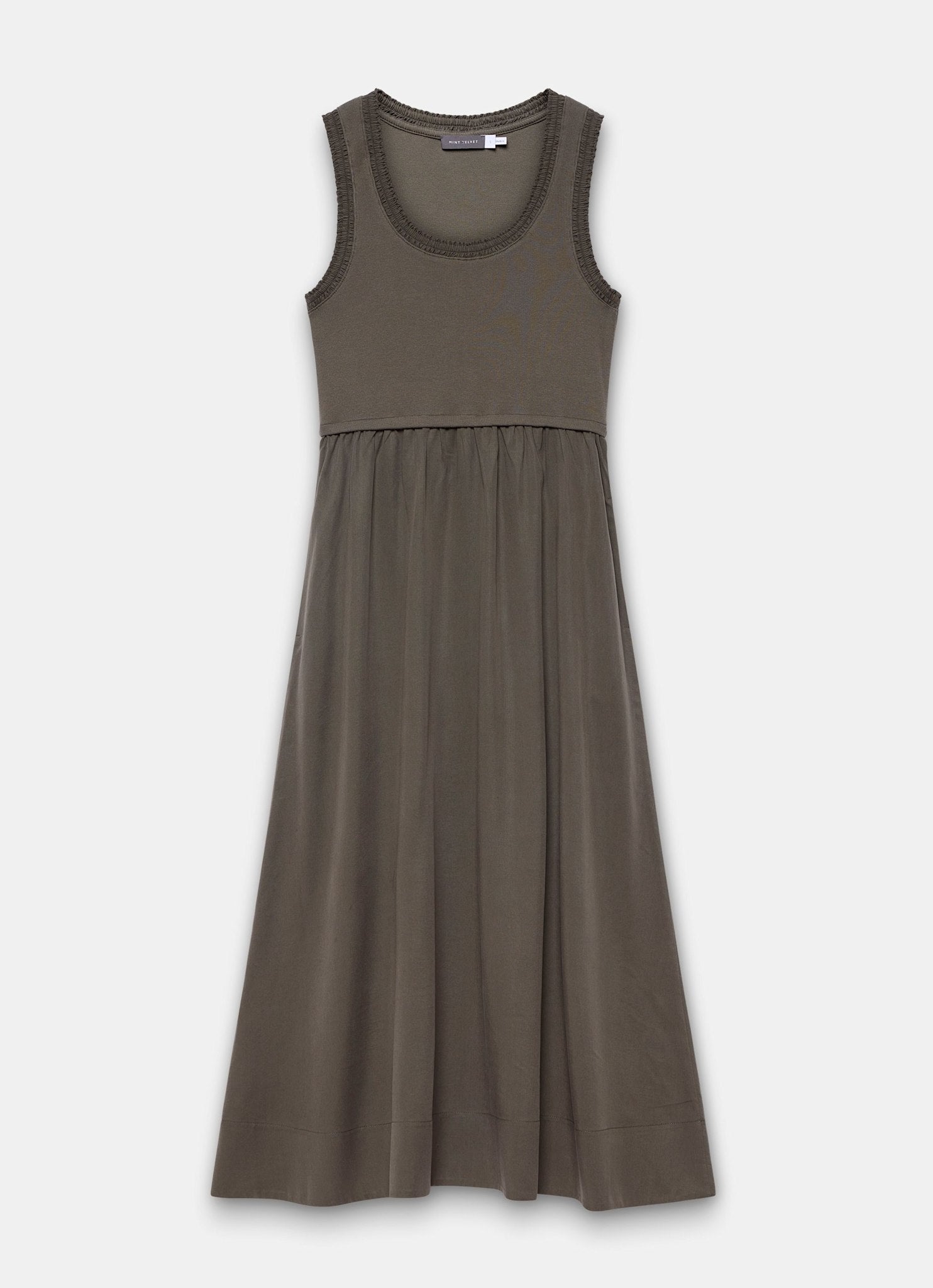Khaki Ruched Trim Cotton Midi Dress