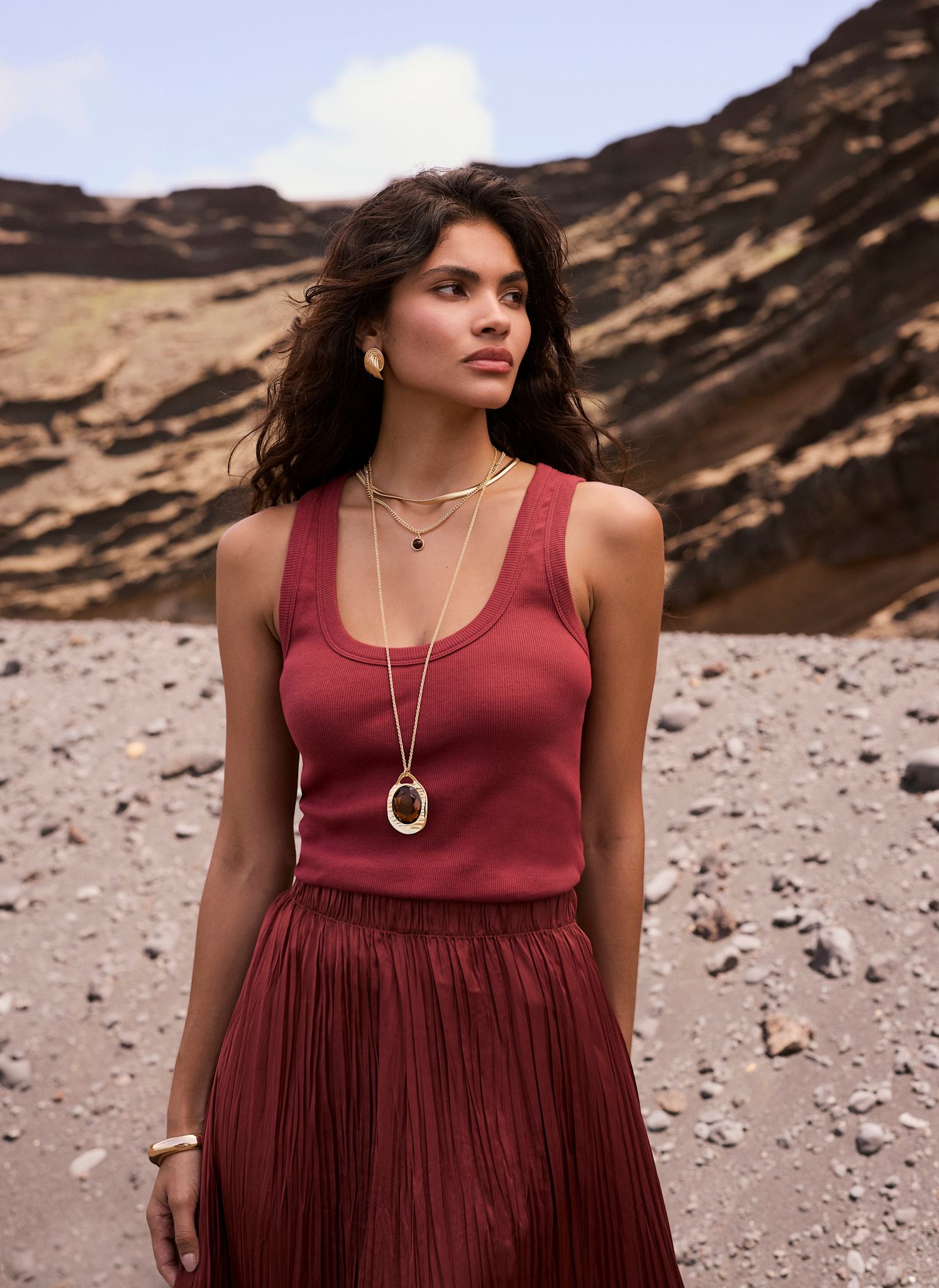 Red Cotton Blend Scoop Vest Top